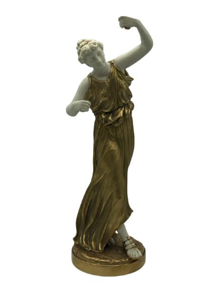 ANTIQUE ROYAL WORCESTER DANCING WOMAN #1827: ANTIQUE ROYAL WORCESTER DANCING WOMAN #1827 - 14" HIGH X 4' WIDE- DANCING WOMAN HOLDING CASTANETS- IVORY PORCELAIN WITH GOLD DRESS, BASE & ACCENTS- MADE IN ENGLAND- VERY GOOD CONDITIONCOLLECTIBLE HOME