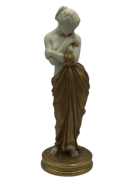 ANTIQUE ROYAL WORCESTER JOY WOMAN FIGURINE 9.5": ANTIQUE ROYAL WORCESTER JOY WOMAN FIGURINE 9.5"- 9.5" HIGH X 3.5" WIDEIVORY PORCELAIN WITH GOLD DRESS, BASE & ACCENTS- WOMAN IS SHIELDING HER BREASTS- MADE IN ENGLAND- VERY GOOD CONDITIONCOLLECTIBLE H