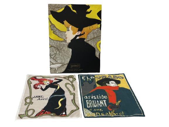 SET OF 2 GAUSCH FRENCH ADVERTISING HANDKERCHIEFS: SET OF 2 GAUSCH FRENCH ADVERTISING HANDKERCHIEFS HANDKERCHIEF SET IN BOX-VINTGE EL DORADO , JANE AVRIL TOULOUSE LAUTREC-16" X 12" APPROX-VERY GOOD CONDITION IN BOX, ORIGINAL PLASTIC INSIDE-DP81021