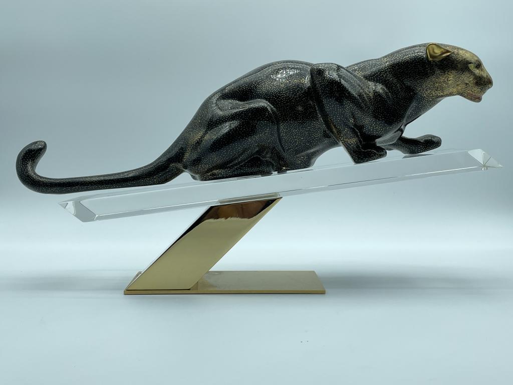 GULIA MANGANI PORCELAIN PANTHER SCULPTURE 17": GIULIA MANGANI FOR OGGETTI ITALY PORCELAIN PANTHER SCULPTURE WITH LUCITE & BRASS BASE-9" X 17" X 4" APPROX ( DETACHES FROM BASE) -GOOD CONDITION, MINOR SURFACE PITTING TO BRASS, CAT HAS BECOME DETACHE