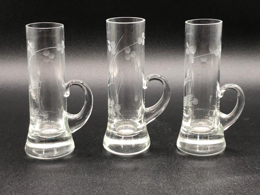 SET/3 ETCHED GLASS HANDLED SHOT GLASSES 4" (1 of 4)