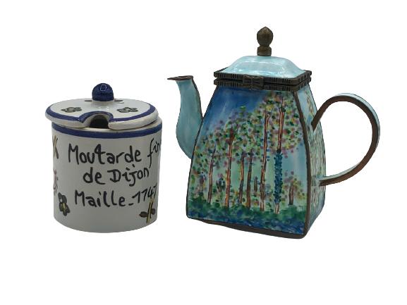 LOT/2 MINIATURE PORCELAINS: LOT/2 MINIATURE PORCELAINS - KEVIN CHEN TEA POT BOX OF CLAUDE MONET PAINTING- FRENCH LIDDED DIJON MUSTARD JAR- VERY GOOD CONDITION- BC080521