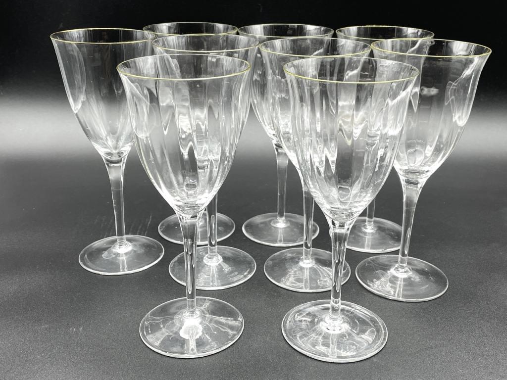 9 CORUM GOLD RIM CRYSTAL WINE GLASSES 8": 9 CORUM CRYSTAL WINE GLASSES WITH GOLD RIM | COLLECTIBLE CRISTAL BARWARE COCKTAIL GLASSES-8" X 3" EACH-VERY GOOD CONDITION, WEAR CONSISTENT WITH AGE AND USE-DP92221