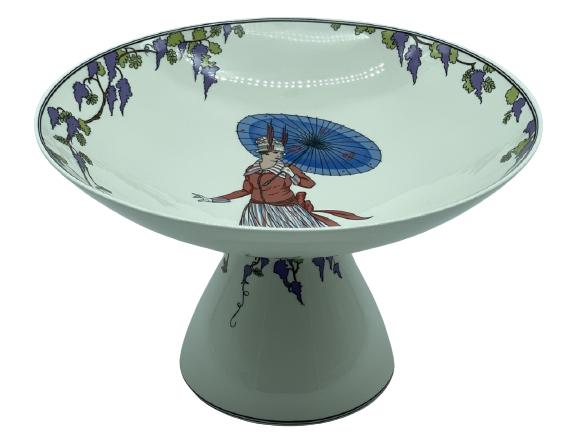 VILLEROY & BOCH"1900" PORCELAIN PEDESTAL DISH: VINTAGE VILLEROY & BOCH DESIGN 1900 PORCELAIN PEDESTAL DISH COMPOTE ART DECO NOUVEAU WOMEN UMBRELLA WHITE PURPLE -5.5" X 9" APPROX-VERY GOOD CONDITION-DP92421