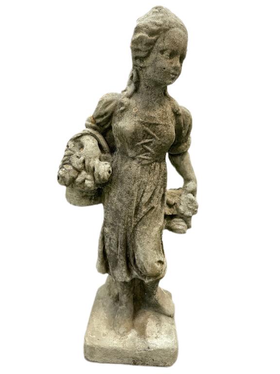 VINTAGE GIRL WITH BASKET OF FRUIT STONE STATUE 29" (1 of 8)