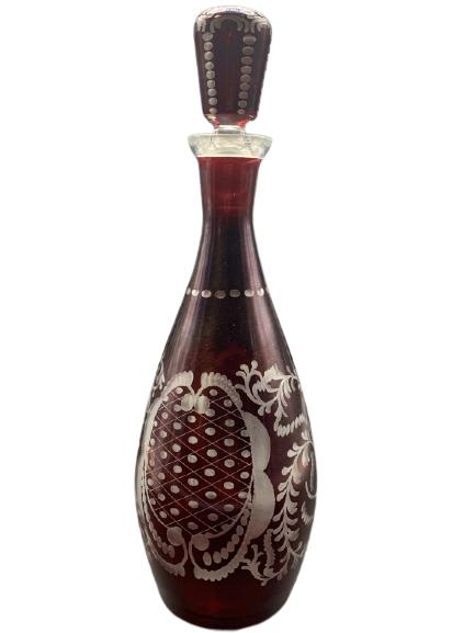 VTG BOHEMIAN RUBY RED CUT GLASS DECANTER (1 of 3)