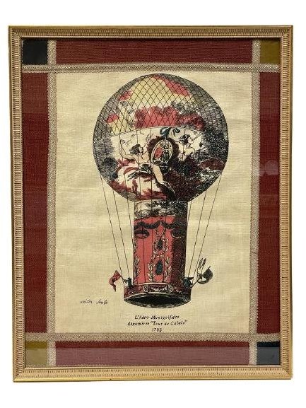 ANTIQUE HOT AIR BALLOON FRAMED TEXTILE ART 29.5" (1 of 6)