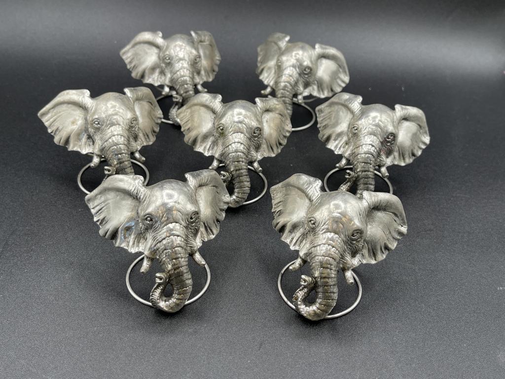 SET OF 7 VTG SIGNED ELEPHANT NAPKIN RINGS: SET OF 7 VTG SIGNED ELEPHANT NAPKIN RINGS