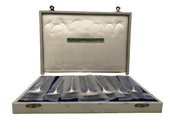 VTG SPRITZER & FUHRMANN STERLING COFFEE SPOONS S/7: VTG SPRITZER & FUHRMANN STERLING SPOONS S/7 - 80 GRAMS- 6 DEMITASSE SPOONS AND 1 SUGAR SPOON- MADE IN DENMARK- GOOD CONDITION IN BOX