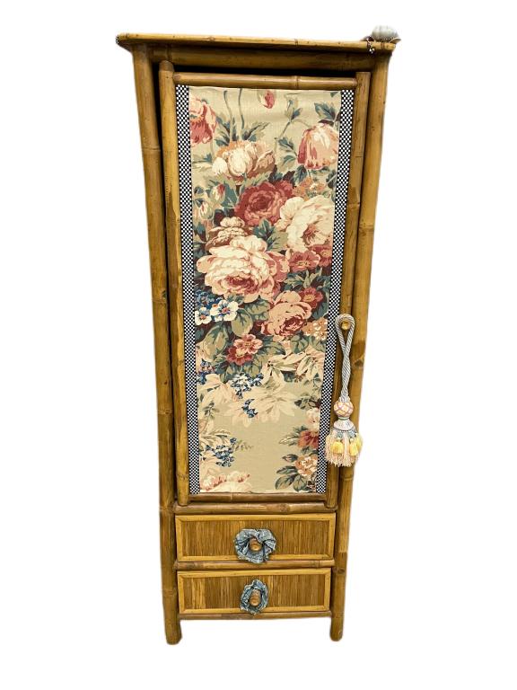 VINTAGE MARY KAISER LTD RATTAN STORAGE CABINET 54": VINTAGE MARY KAISER LTD RATTAN STORAGE CABINET | MACKENZIE CHILDS STYLE HOME DECOR VTG FURNITURE COASTAL MODERN-54" X 19" X 15" APPROX -VERY GOOD CONDITION WEAR CONSISTENT WITH AGE AND USE-DP102621