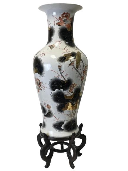 MONUMENTAL BLACK WHITE & GOLD ASIAN STYLE VASE 36" (1 of 9)