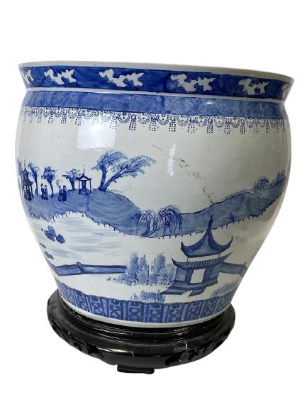 LARGE ASIAN STYLE BLUE & WHITE CERAMIC PLANTER (1 of 4)