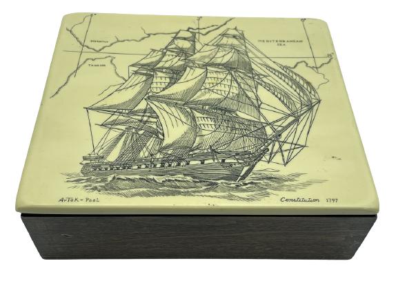 ARTEK-POOL "CONSTITUTION" SCRIMSHAW TRINKET BOX 7": VINTAGE SCRIMSHAW ARTEK-POOL 1707 CONSTITUTION NAUTICAL SHIP TRINKET BOX JEWEL BOX -2" X 7" X 6" APPROX-VERY GOOD CONDITION WEAR CONSISTENT WITH AGE AND USE-DP102821