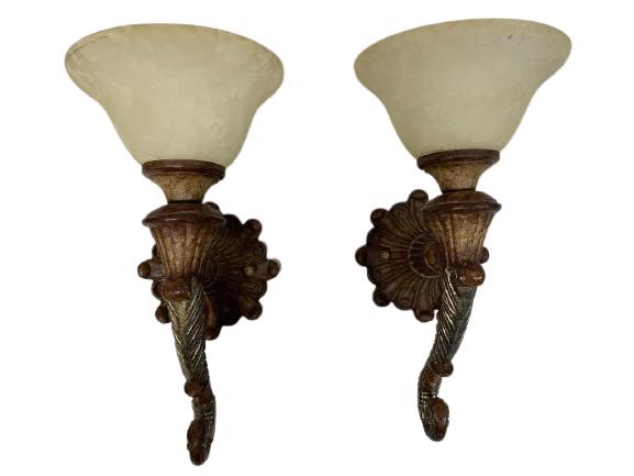 PAIR OF FRENCH ORMOLU STYLE WALL SCONCES 16": PAIR OF FRENCH ORMOLU STYLE WALL SCONCES WITH FROSTED GLASS SHADES 1 OF 2 PAIRS-16" X 6" X 9" APPROX EACH-VERY GOOD CONDITION-DP102621