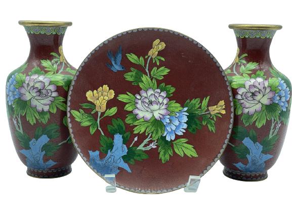 SET OF CLOISONNE VASES AND CHARGER PLATE 8" (1 of 6)