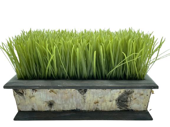 VTG RECLAIMED BIRCH TIMBER PLANTER W FAUX GRASS: VINTAGE RECLAIMED BIRCH TIMBER PLANTER W FAUX GRASS-8" X 14" X 9" APPROX-VERY GOOD CONDITION WEAR CONSISTENT WITH AGE AND USE-DP102821