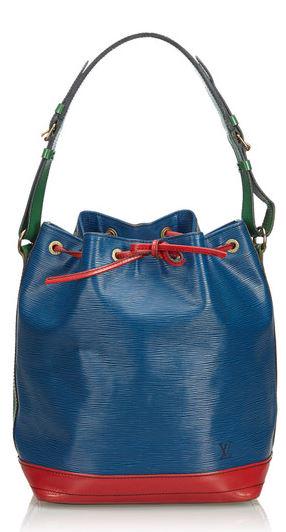 VTG LOUIS VUITTON TRICOLOR EPI NOE SHOULDER BAG: VTG LOUIS VUITTON TRICOLOR EPI CALFSKIN LEATHER NOE SHOULDER BAG (DECEMBER 1991)- 27CM X 34CM X 16CM- BLUE, RED & GREEN EPI LEATHER WITH BLACK STITCHING- GOLDEN BRASS HARDWARE- DUSTBAG- VERY GOOD COND