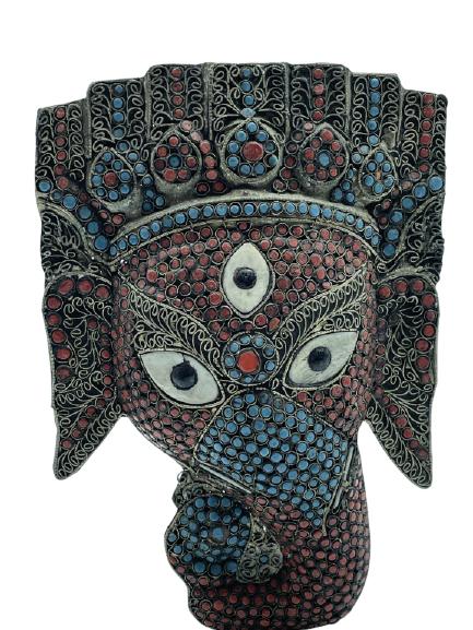 VINTAGE NEPALESE TIBETAN ELEPHANT MASK 10": VINTAGE NEPALESE TIBETAN METAL ELEPHANT MASK HEAD | DECORATIVE TRIBAL WALL ART- CORAL TURQUOISE BEADS -BRASS METAL-10" X 6" X 1" APPROX-VERY GOOD CONDITION WEAR CONSISTENT WITH AGE AND USE-DP102821