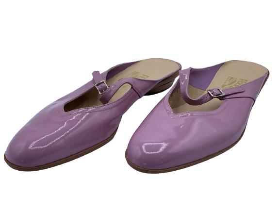 SALVATORE FERRAGAMO PURPLE PATENT LEATHER MULES: SALVATORE FERRAGAMO PURPLE PATENT LEATHER MULES -SZ 8 1/2