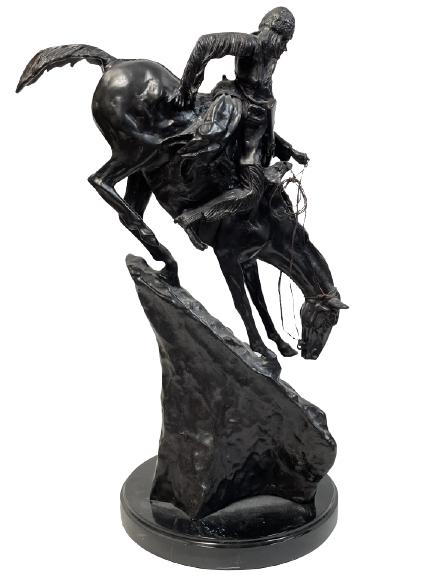 AFTER FREDERIC REMINGTON BRONZE SCULPTURE 28": AFTER FREDERIC REMINGTON BRONZE SCULPTURE FRONTEIRSMEN ON HORSE-28" X 12" DIAMETER APPROX-VERY GOOD VINTAGE CONDITION
