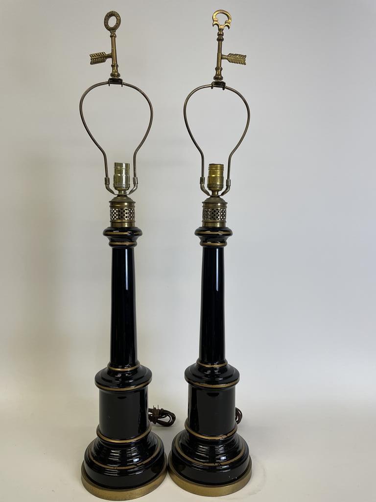 PAIR OF FRENCH NEOCLASSICAL BLACK GLASS LAMPS 38": PAIR OF FRENCH NEOCLASSICAL STYLE BLACK GLASS LAMPS | HOLLYWOOD REGENCY FLORIDA REGENCY TRADITIONAL MODERN HOME DECOR LAMPS LIGHTING -38" X 7" DIAMETER EACH APPROX-VERY GOOD CONDITION , WEAR CONSISTEN