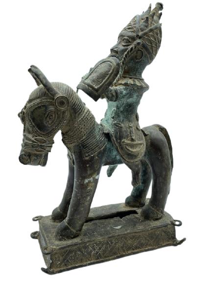 BRONZE AFRICAN BENIN WARRIOR ON HORSE STATUE 18" (1 of 8)
