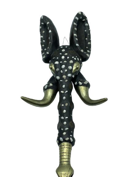 CAMEROON ELEPHANT MASK W BRASS TUSKS & COIN 19": VINTAGE HARD WOOD CAMEROON AFRICAN ELEPHANT MASK WITH BRASS TUSKS AND FRENCH KOBO COINS | NIGERIAN STYLE COLLECTIBLE MASKS DECORATIVE ART-19" X 9" X 3" APPROX-VERY GOOD CONDITION WEAR CONSISTENT WITH 