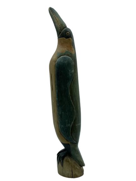 VINTAGE DRIFTWOOD TIMBER CARVED PENGUIN STATUE 23": VINTAGE RECLAIMED DRIFTWOOD TIMBER CARVED EMPEROR PENGUIN STATUE -23" X 4" DIAMETER APPROX-VERY GOOD CONDITION WEAR CONSISTENT WITH AGE AND USE-DP11421
