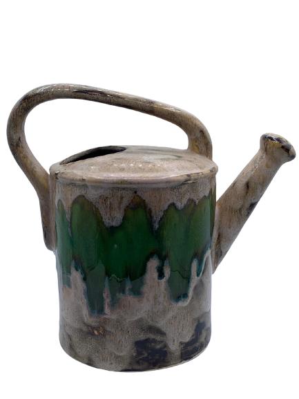 GLAZED POTTERY WATERING CAN: GLAZED POTTERY WATERING CAN 10" X 6" X 11"- VERY GOOD CONDITION CONSISTENT WITH AGE AND USE-HPG11221