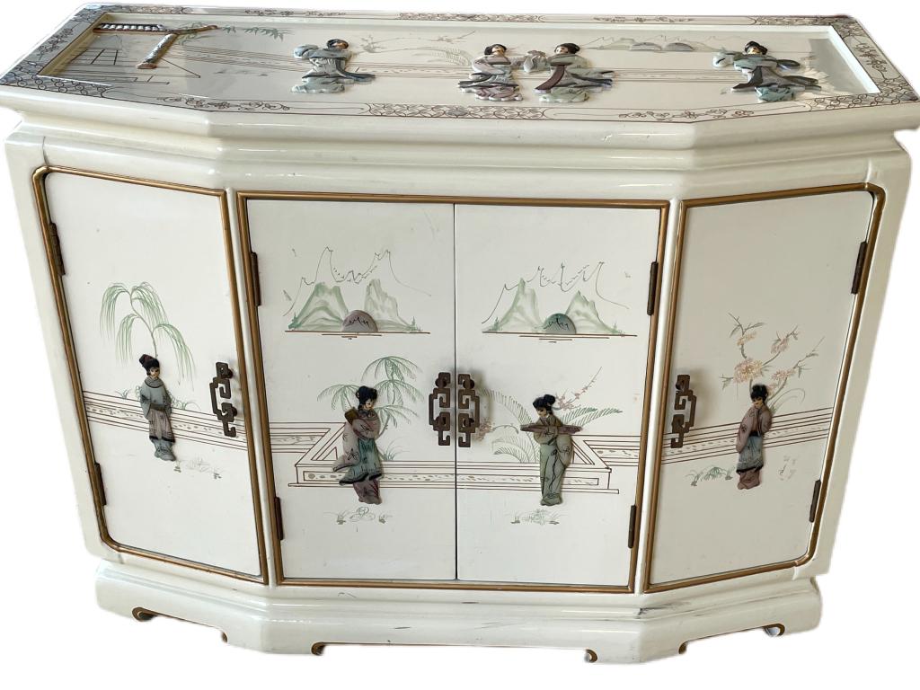 VTG WHITE ENAMEL CHINOISERIE SIDEBOARD CABINET 40" (1 of 12)