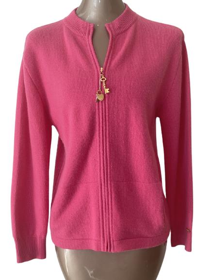 ST JOHN CASHMERE BY MARIE GRAY ZIPPERED SWEATER: ST JOHN CASHMERE BY MARIE GRAY ZIPPERED SWEATER -HOT PINK-SZ PETITE