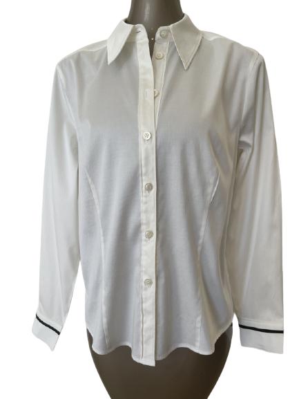 ESCADA WHITE BUTTON DOWN BLOUSE NAVY TRIMMED CUFF (1 of 5)