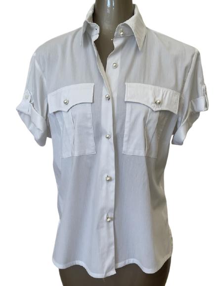 ST JOHN  WHITE BLOUSE WITH PEARL BUTTONS SZ S (1 of 3)