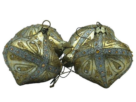 FLASHY GOLD COLORED GLASS CHRISTMAS ORNAMENTS: FLASHY GOLD COLORED GLASS CHRISTMAS ORNAMENTS - VERY GOOD CONDITION CONSISTENT WITH AGE AND USE-HPG11221
