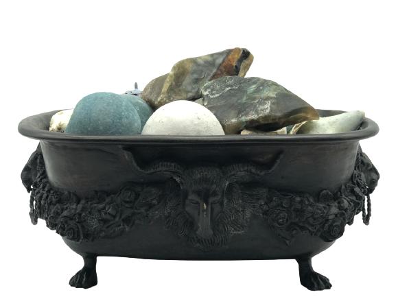 COPPER RAM BOWL WITH DECORATIVE FAUX STONES: COPPER RAM BOWL WITH DECORATIVE FAUX STONES - VERY GOOD CONDITION CONSISTENT WITH AGE AND USE-HPG11221