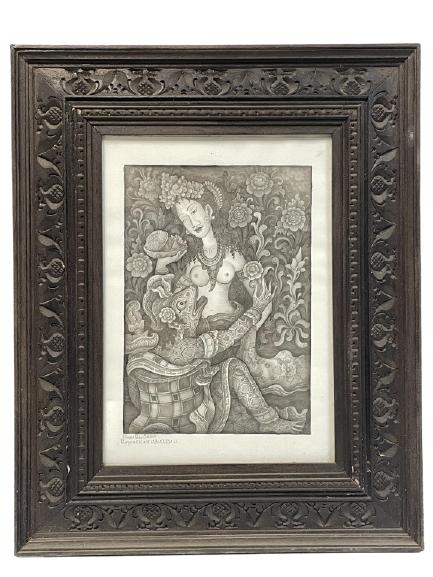 GUSTI PUTU SANA WATERCOLOR ETCHING 24": TRADITIONAL BALINESE GUSTI PUTU SANA WATERCOLOR ETCHING | BALI INDONESIA BALINESE JAVANESE HOME DECOR -24" X 20" APPROX TO FRAME -VERY GOOD CONDITION-DP111221
