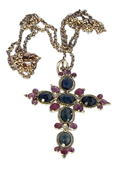 CUSTOM 18K GOLD RUBY SAPPHIRE CROSS ON 14K CHAIN (1 of 3)