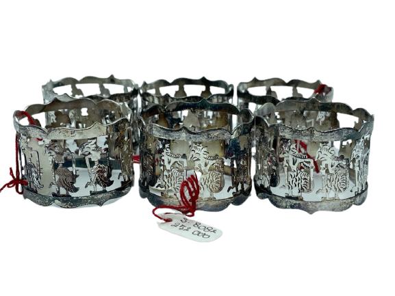 6 STERLING SILVER BALINESE PUPPET NAPKIN RINGS 84G: SET OF 6 STERLING SILVER BALINESE SHADOW PUPPET NAPKIN RINGS IN SEPERATE BOXES-84 GRAMS TOTAL -VERY GOOD CONDITION-DP117221