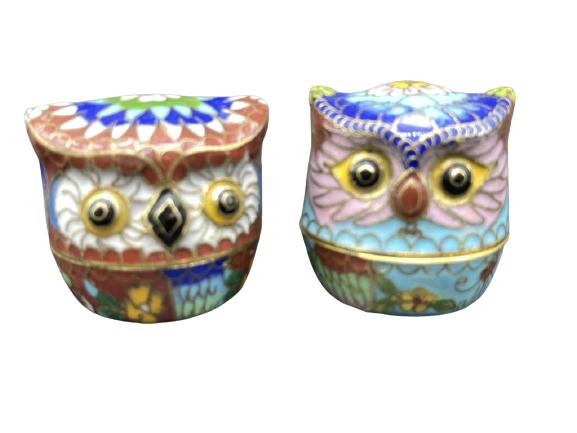 PAIR OF TWO VTG CLOISONNE COVERED OWL JARS (1 of 3)