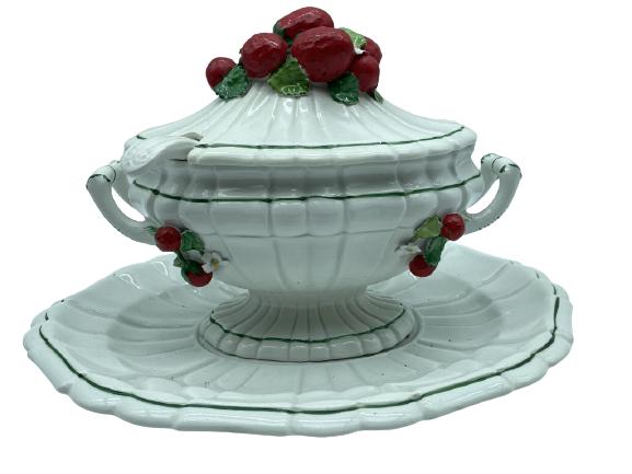 ITALIAN MAJOLICA MOTTAHEDEH SOUP TUREEN &LADLE 12": VINTAGE ITALIAN MAJOLICA MOTTAHEDEH STRAWBERRY SOUP TUREEN AND LADLE-5" X 12" X 9" APPROX-VERY GOOD CONDITION WEAR CONSISTENT WITH AGE AND USE-DP112221