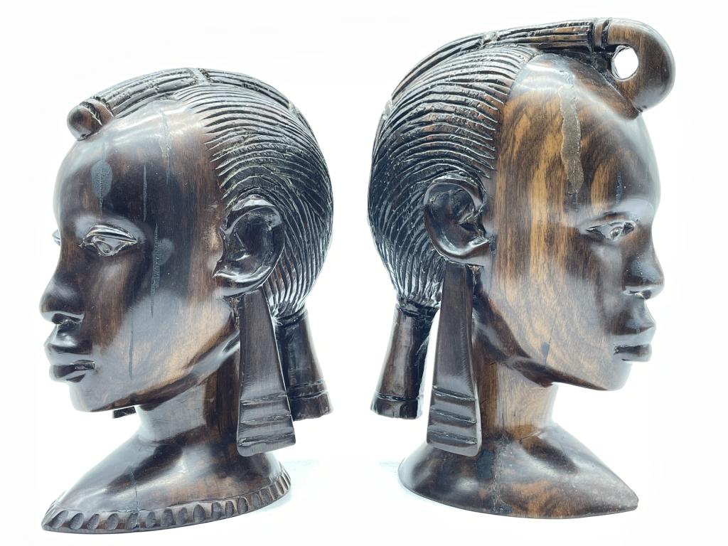 PAIR OF AFRICAN CARVED EBONY WOOD BUST FIGURES 9" (1 of 6)