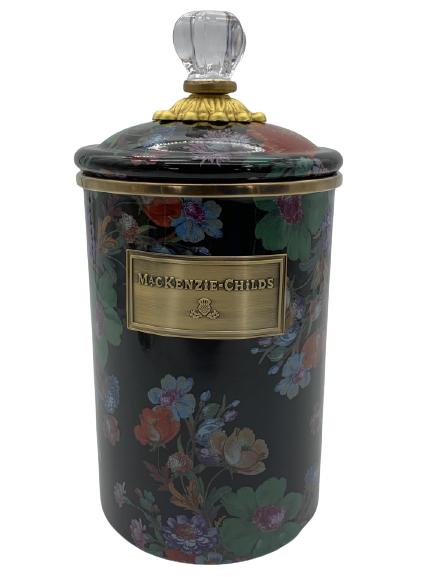 MACKENZIE CHILDS FLOWER MARKET LARGE CANISTER: MACKENZIE CHILDS FLOWER MARKET LARGE CANISTER (BLACK) -VERY GOOD CONDITION-JD120121
