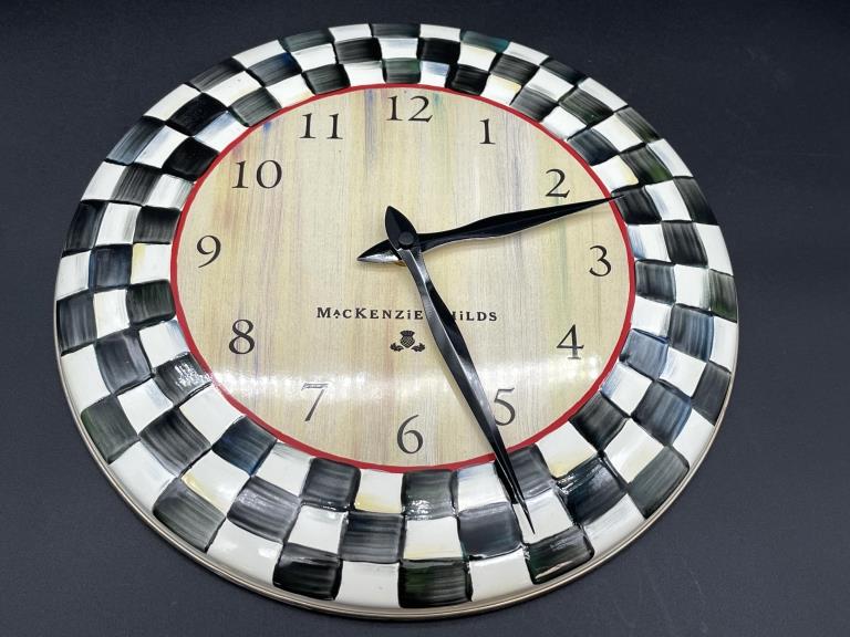 MACKENZIE-CHILDS HANDPAINTED ENAMEL CLOCK: MACKENZIE-CHILDS HANDPAINTED ENAMEL CLOCK -BATTERY OPERATED-JD112721