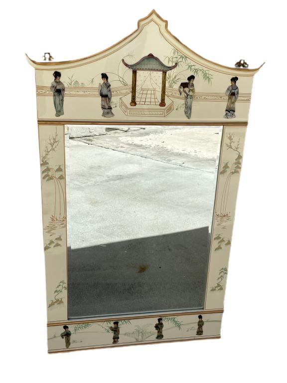 VINTAGE WHITE ENAMEL CHINOISERIE MIRROR 53": VINTAGE WHITE ENAMEL CHINOISERIE MIRROR WITH SOAPSTONE STYLE CARVED MOTIFF-53" X 32" X 1" APPROX-VERY GOOD CONDITION WEAR CONSISTENT WITH AGE AND USE-DP11421
