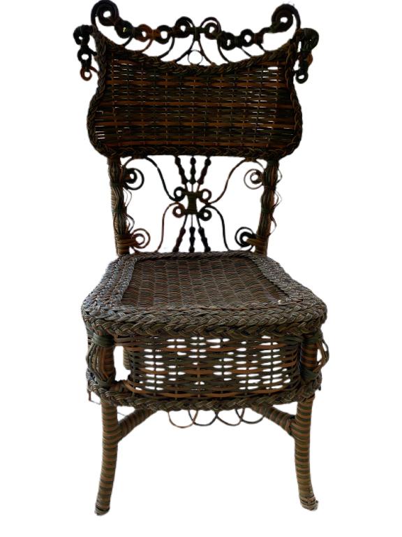 VTG BOHEMIAN STYLE ORNATE BAMBOO WICKER CHAIR 41": VINTAGE MID CENTURY BOHEMIAN STYLE ORNATE BAMBOO WICKER CHAIR -MARKED DENNIS OK TO BOTTOM-41" X 24" X 19" APPROX -VERY GOOD CONDITION-DP12221