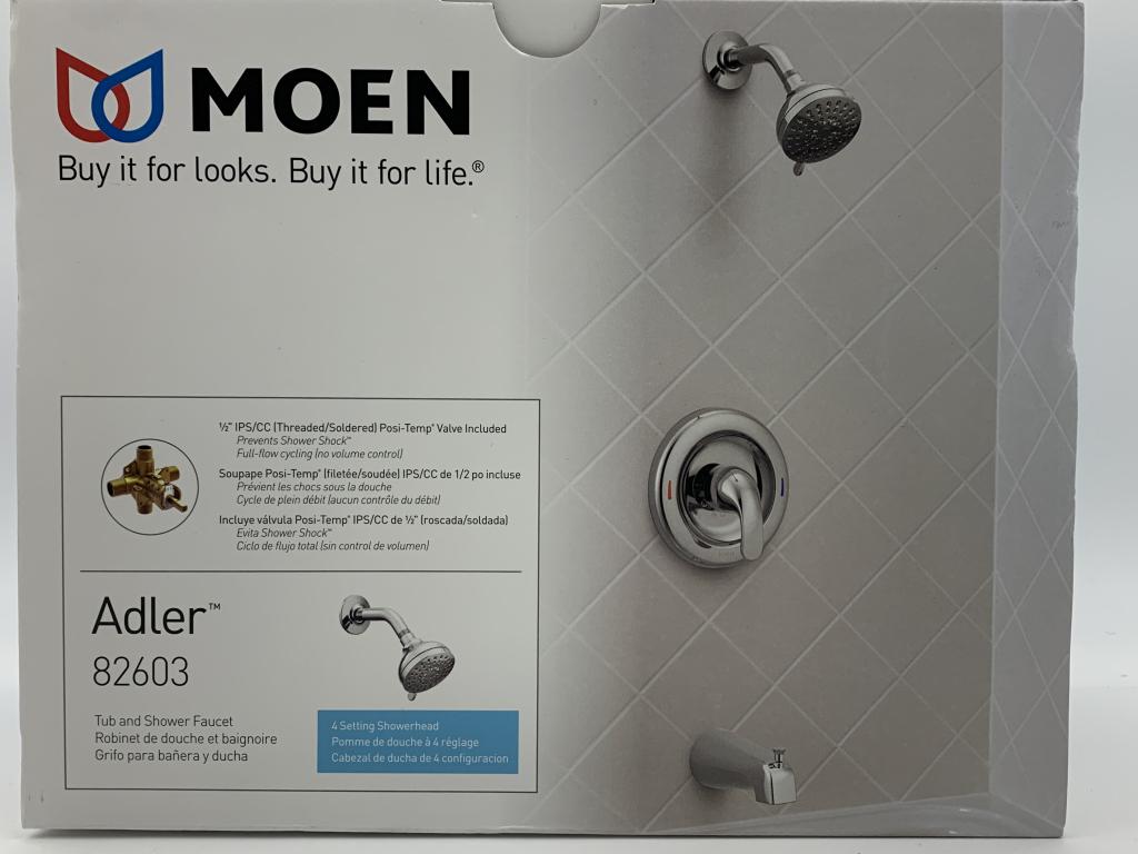 MOEN ADLER TUB & SHOWER FAUCET: MOEN ADLER SINGLE HANDLE 4 SPRAY TUB AND SHOWER FAUCET-NEW IN BOX-JD120121