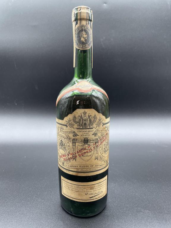 EARLY W. MICHELSON "CREME D ALLSH CARAWAY LIQUOR: W. MICHELSON "CREME D ALLSH CARAWAY LIQUOR | COLLECTIBLE LIQUORS SPIRITS HOPME BAR DECOR -COMPANY RUSSE OF ANTWERP-PATENT OFFICE 1914 ON LABEL-MICHELSON 1906 ON FRESHNESS SEAL-THIRD PARTY SHIPPING REQ