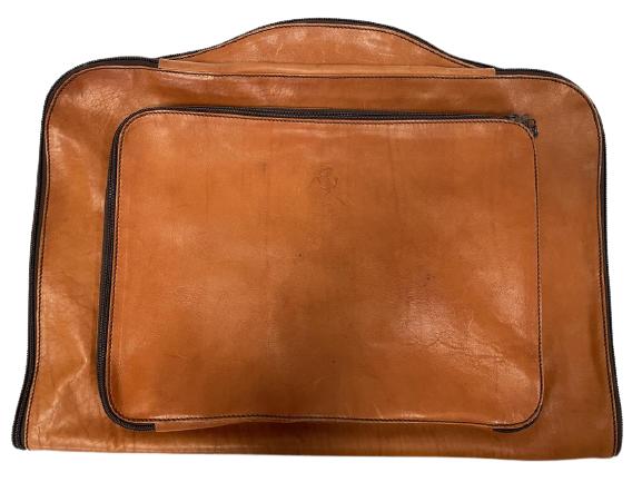 VTG LEATHER SCHEDONI FERRARI GARMENT BAG: VINTAGE TAN LEATHER SCHEDONI FERRARI TRAVEL GARMENT BAG-38" X 24" FULLY OPEN- GOOD CONDITION, WEAR TO LEATHER, LOSS OF INSIDE MATERIAL, MISSING SHOULDER STRAP, SEE ALL PHOTOS-DP12321