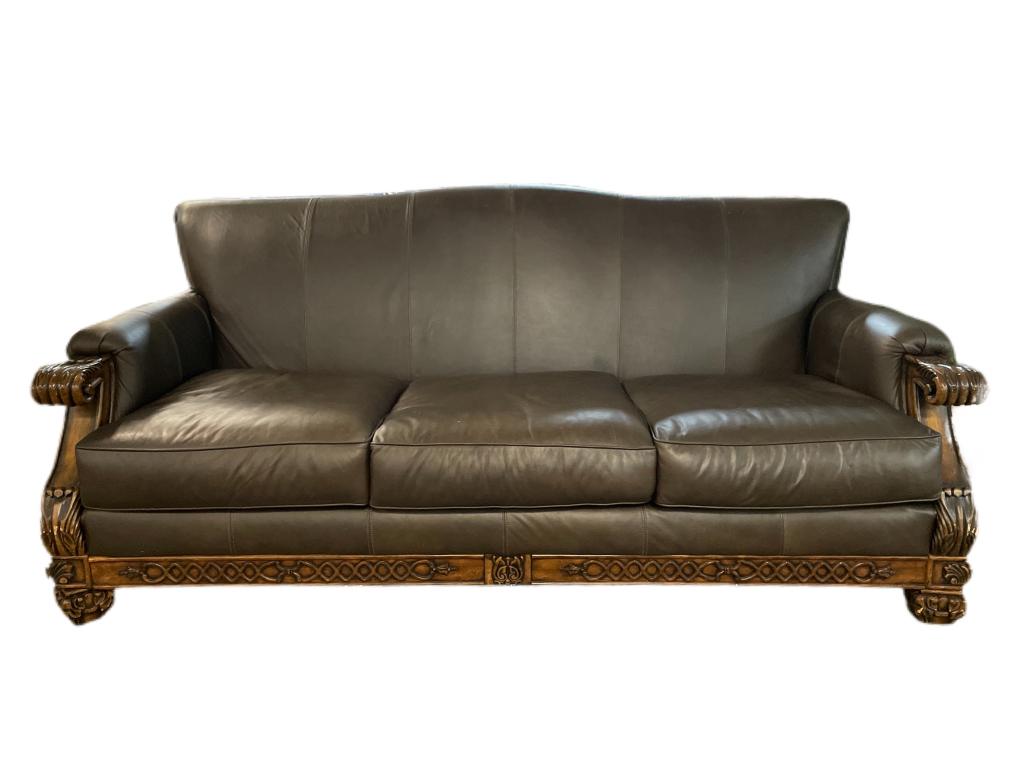 LARGE TRADITIONAL LEATHER SOFA W CARVED WOOD 88" (1 of 11)
