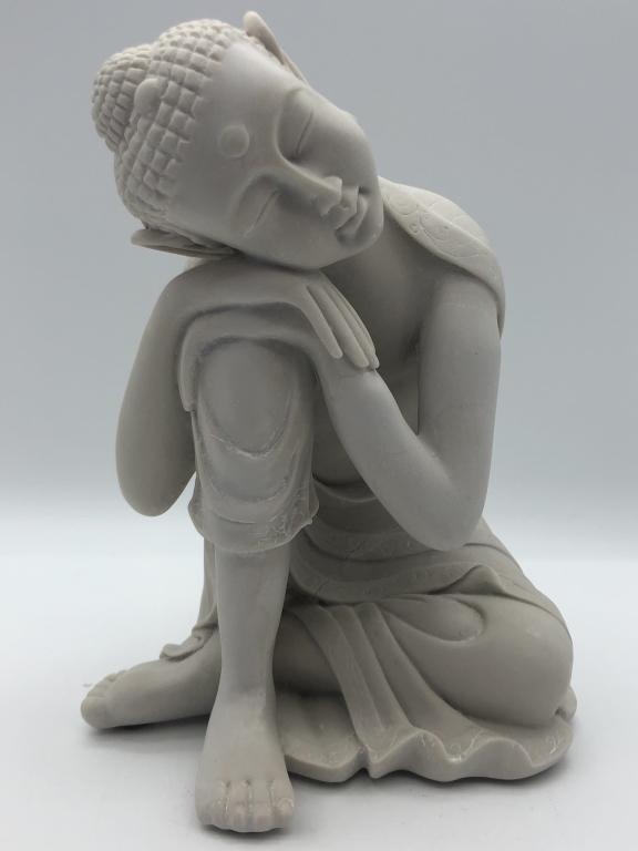 RESTING BUDDHA STATUE FIGURINE: RESTING BUDDHA STATUE FIGURINE-USED CONDITION WITH CRACK STRETCHING FROM FRONT TO THE BACK -JD121021